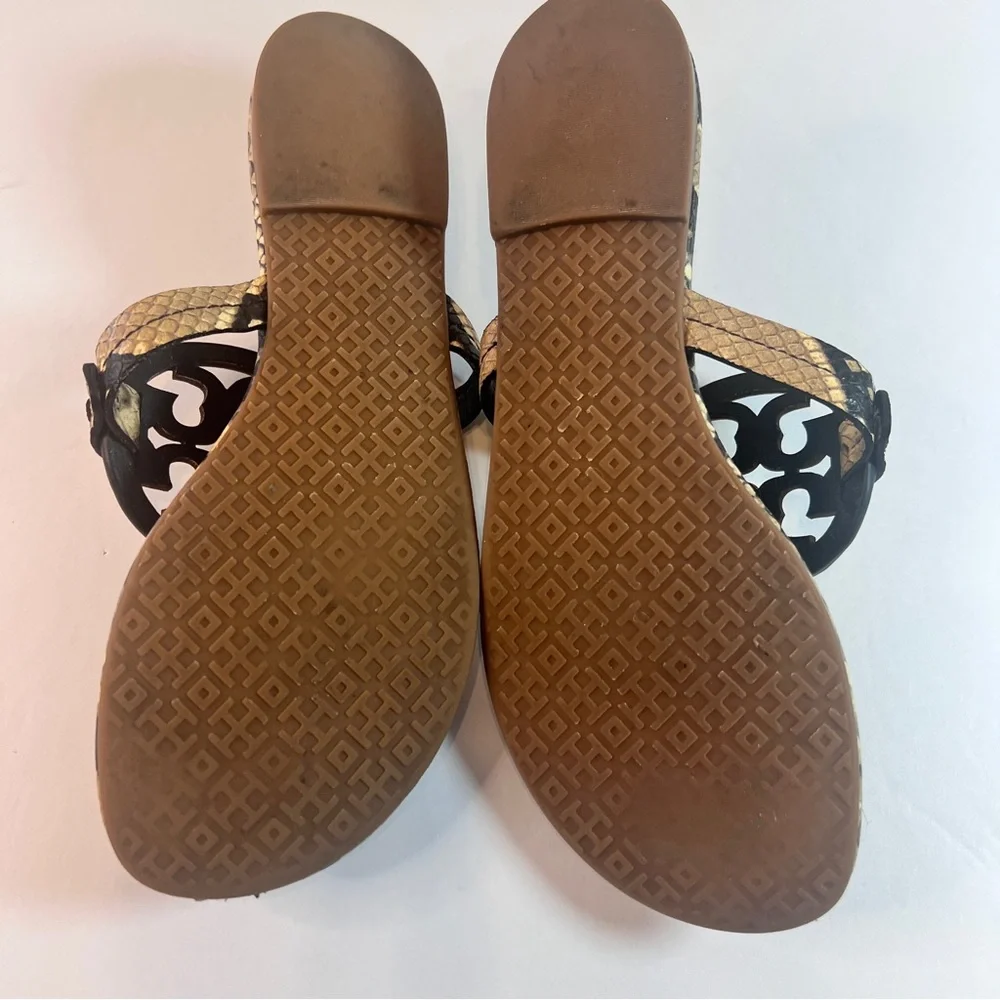 Tory Burch Miller Sandals 8M Snake Print Gold Logo Thong Flip Flop Leather - Picture 4 of 9